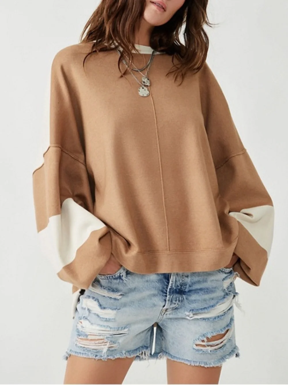 Free People Oversized Uptown Colorblock‎ Pullover Brown and White